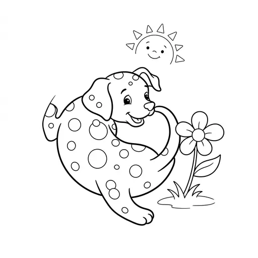 Dalmatian Coloring Page — Chasing Its Tail by a Flower