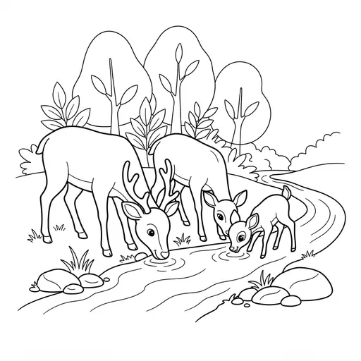 Deer Coloring Page — Family Drinking From a Forest Stream