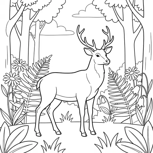 Deer Coloring Page for Adults — Standing in a Woodland Clearing
