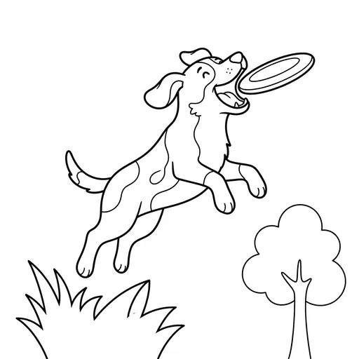 Dog Coloring Page — Catching a Flying Disc in the Park