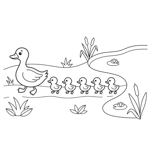 Duck Coloring Page — Mother Duck and Ducklings Walking