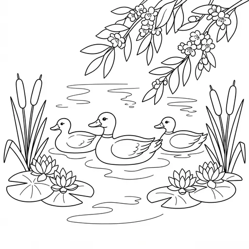Duck Coloring Page for Adults — Swimming in a Pond with Ducklings