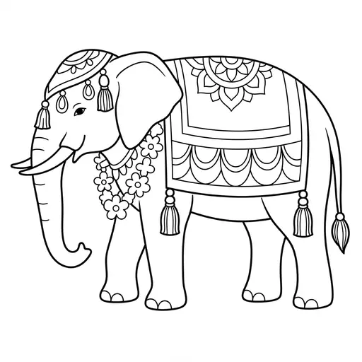Elephant Coloring Page for Adults — Decorated With Blankets And Tassels