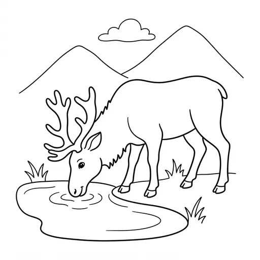 Elk Coloring Page — Drinking From a Mountain Lake