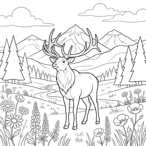 Elk Coloring Page for Adults — In a Mountain Valley