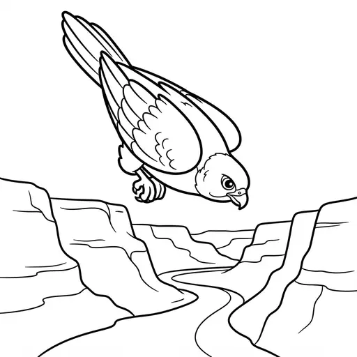 Falcon Coloring Page — Diving Over Canyon Landscape