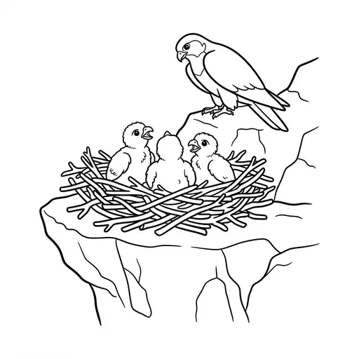 Falcon Coloring Page — Nest with Chicks on Cliff Ledge