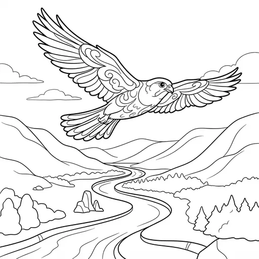 Falcon Coloring Page for Adults — Soaring Over a River Valley