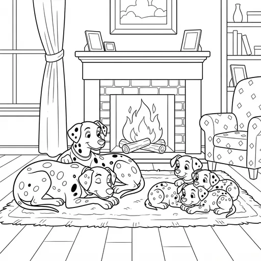 Dalmatian Coloring Page for Adults — Resting Near a Fireplace