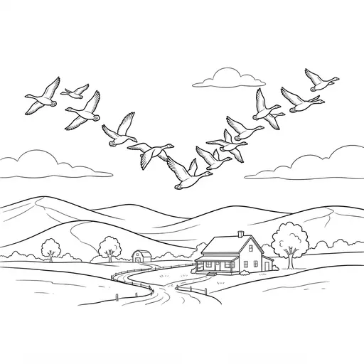 Goose Coloring Page for Adults — Flying in V Formation Over Farmhouse