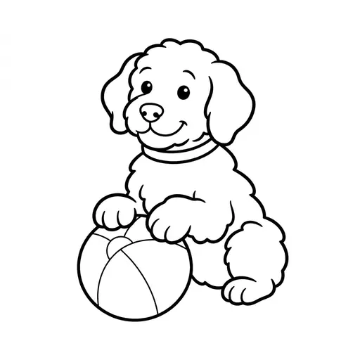 Easy Goldendoodle Coloring Page — Sitting with a Beach Ball