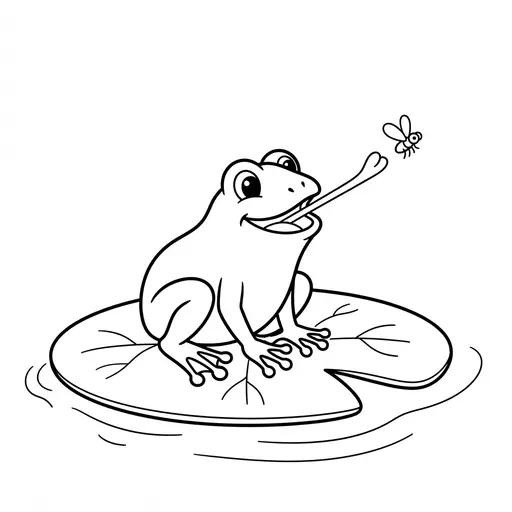Frog Coloring Page — Catching a Fly on a Lily Pad