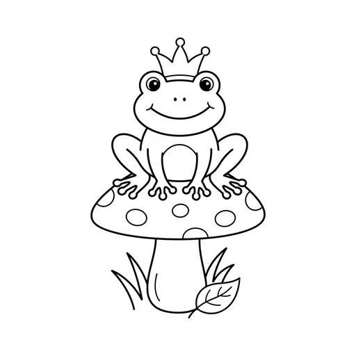 Frog Coloring Page — Wearing a Crown on a Toadstool
