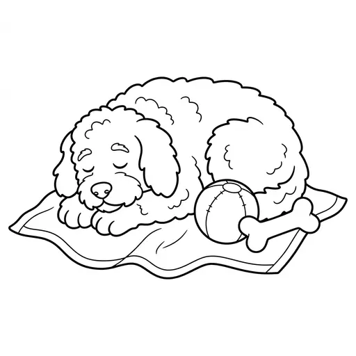 Goldendoodle Coloring Page — Sleeping on a Blanket with Toys