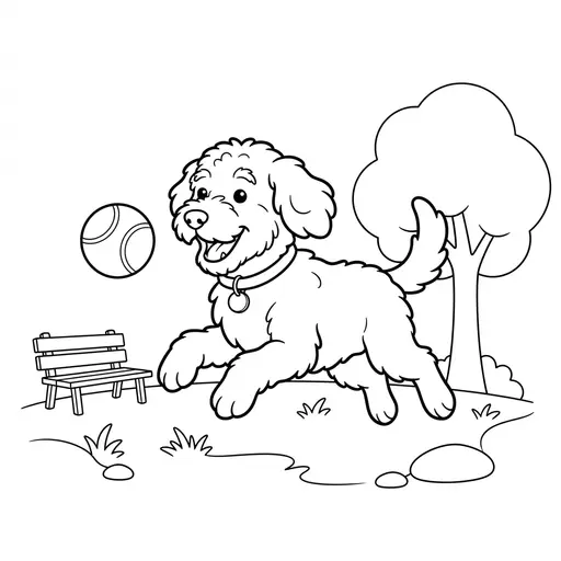 Goldendoodle Coloring Page — Playing Fetch in a Park