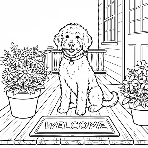 Goldendoodle Coloring Page for Adults — Sitting on a Porch With Potted Flowers
