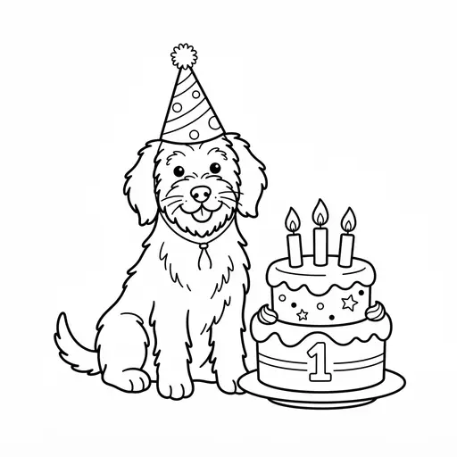 Goldendoodle Coloring Page — Wearing Party Hat With Cake