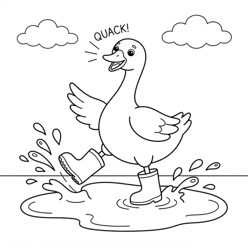 Goose Coloring Page — Wearing Rain Boots Splashing in a Puddle
