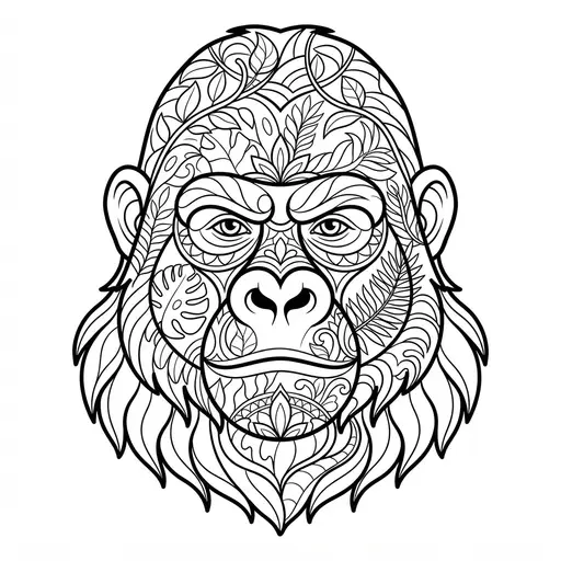 Gorilla Coloring Page for Adults — Face With Tropical Leaf Patterns