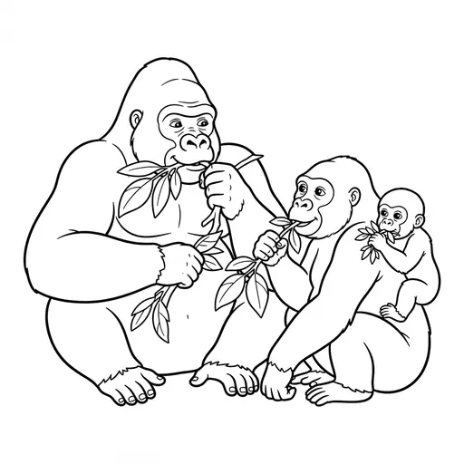 Gorilla Coloring Page — Family Eating Leaves Together