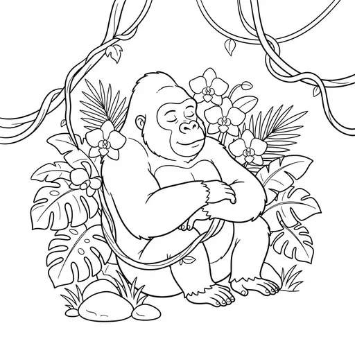 Gorilla Coloring Page for Adults — Resting Among Jungle Vines