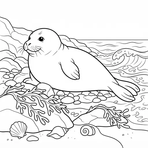 Seal Coloring Page for Adults — Resting on a Rocky Shore