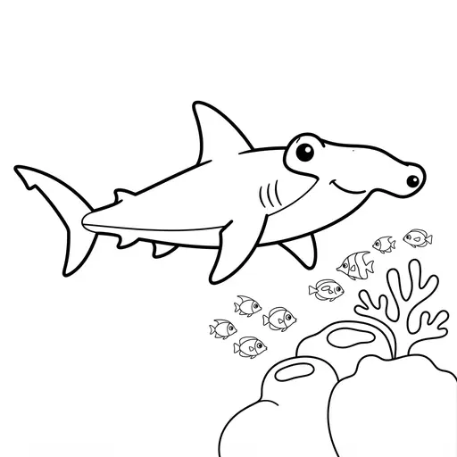 Hammerhead Shark Coloring Page — Swimming Past a Coral Reef