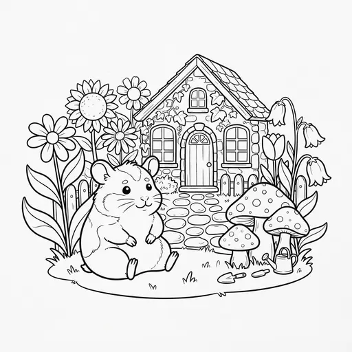 Hamster Coloring Page for Adults — Sitting in a Cottage Garden