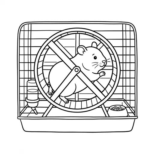 Hamster Coloring Page — Running on a Wheel in a Cage