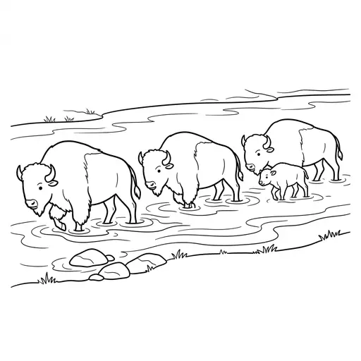 Bison Coloring Page — Herd Crossing a River