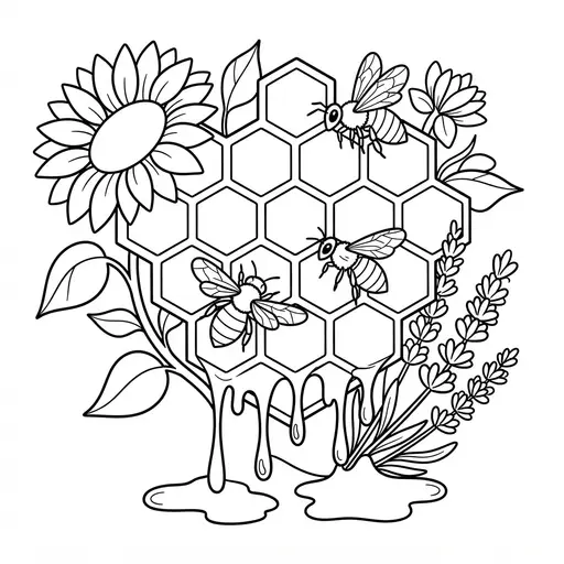 Bee Coloring Page for Adults — Surrounded by Sunflowers and Lavender