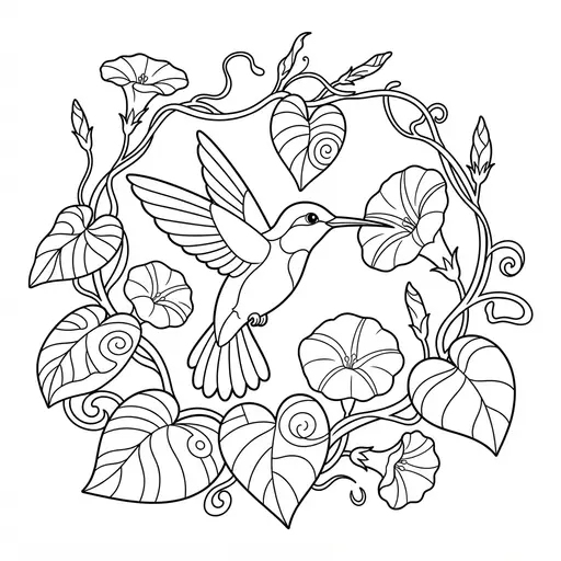Hummingbird Coloring Page for Adults — Flying Among Morning Glories