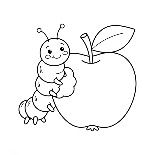 Caterpillar Coloring Page — Munching an Apple with Leaf