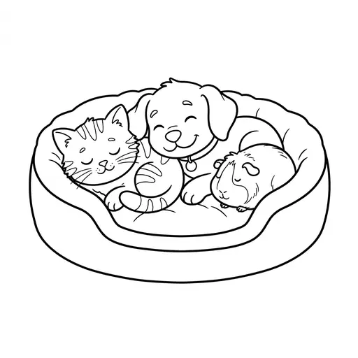 Pet Coloring Page — Sharing a Bed with Friends