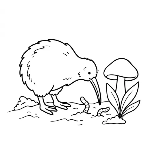 Kiwi Coloring Page — Looking for Worms Near a Mushroom
