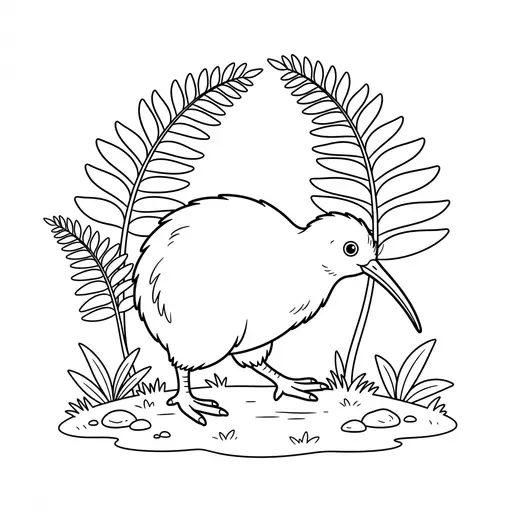 Kiwi Coloring Page — Walking Among New Zealand Ferns
