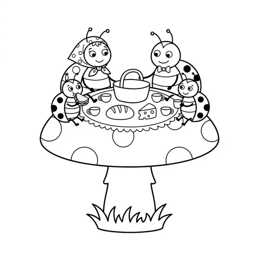 Ladybug Coloring Page — Family Picnic on a Mushroom