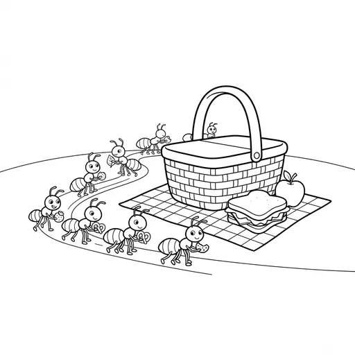 Ant Coloring Page — Marching Toward Picnic Basket