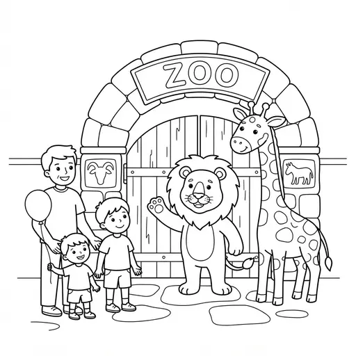 Lion Coloring Page — Animals Greeting Visitors at Gate