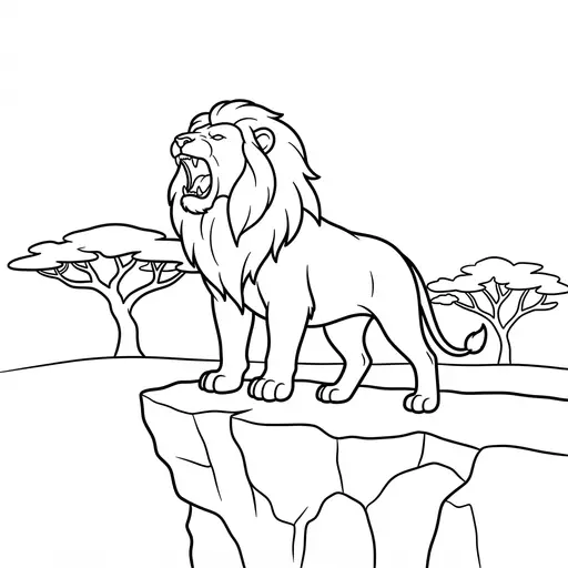 Lion Coloring Page — Roaring on a Cliff