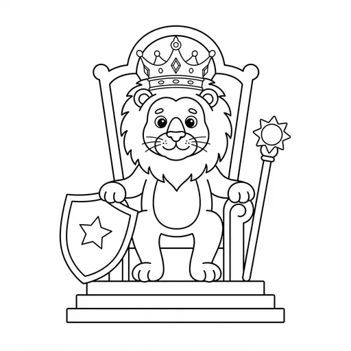 Lion Coloring Page — Wearing a Crown on a Throne