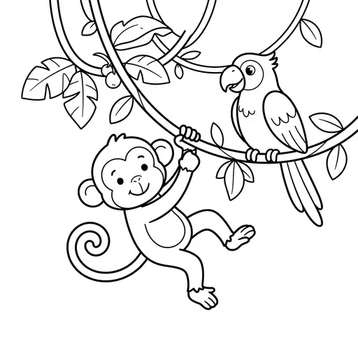 Monkey Coloring Page — Swinging on Vines with a Parrot