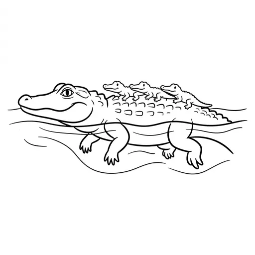 Alligator Coloring Page — Mother With Babies on Back