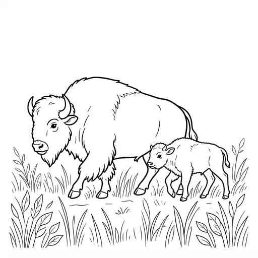 Bison Coloring Page — Mother and Calf in Tall Grass