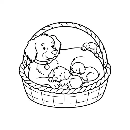 Dog Coloring Page — Mother Dog and Puppies in a Basket