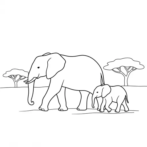 Elephant Coloring Page — Mother and Baby on Savanna