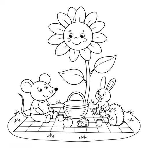 Mouse Coloring Page — Having a Picnic Under a Sunflower