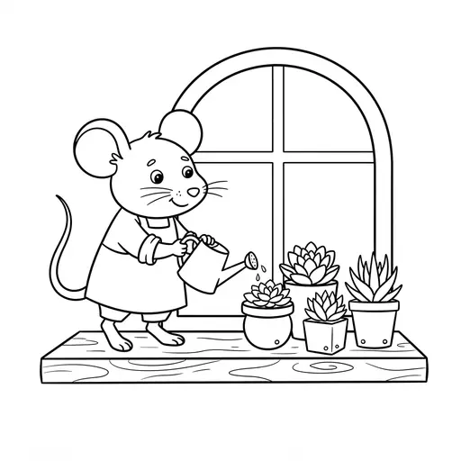Mouse Coloring Page — Watering Potted Succulents on a Windowsill