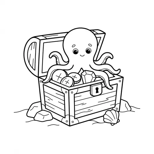 Octopus Coloring Page — Hiding in a Treasure Chest