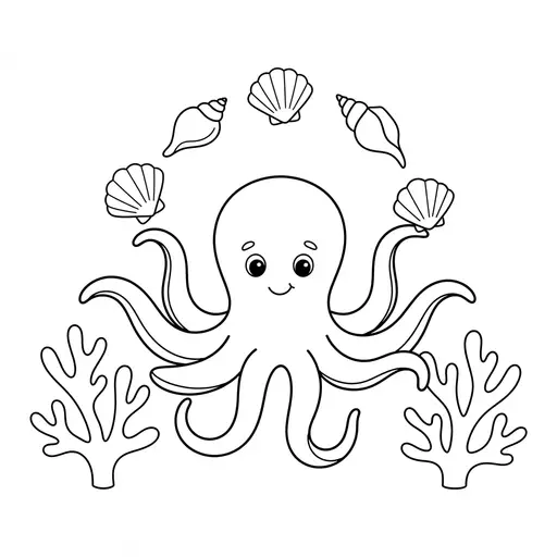 Octopus Coloring Page — Juggling Seashells Among Coral